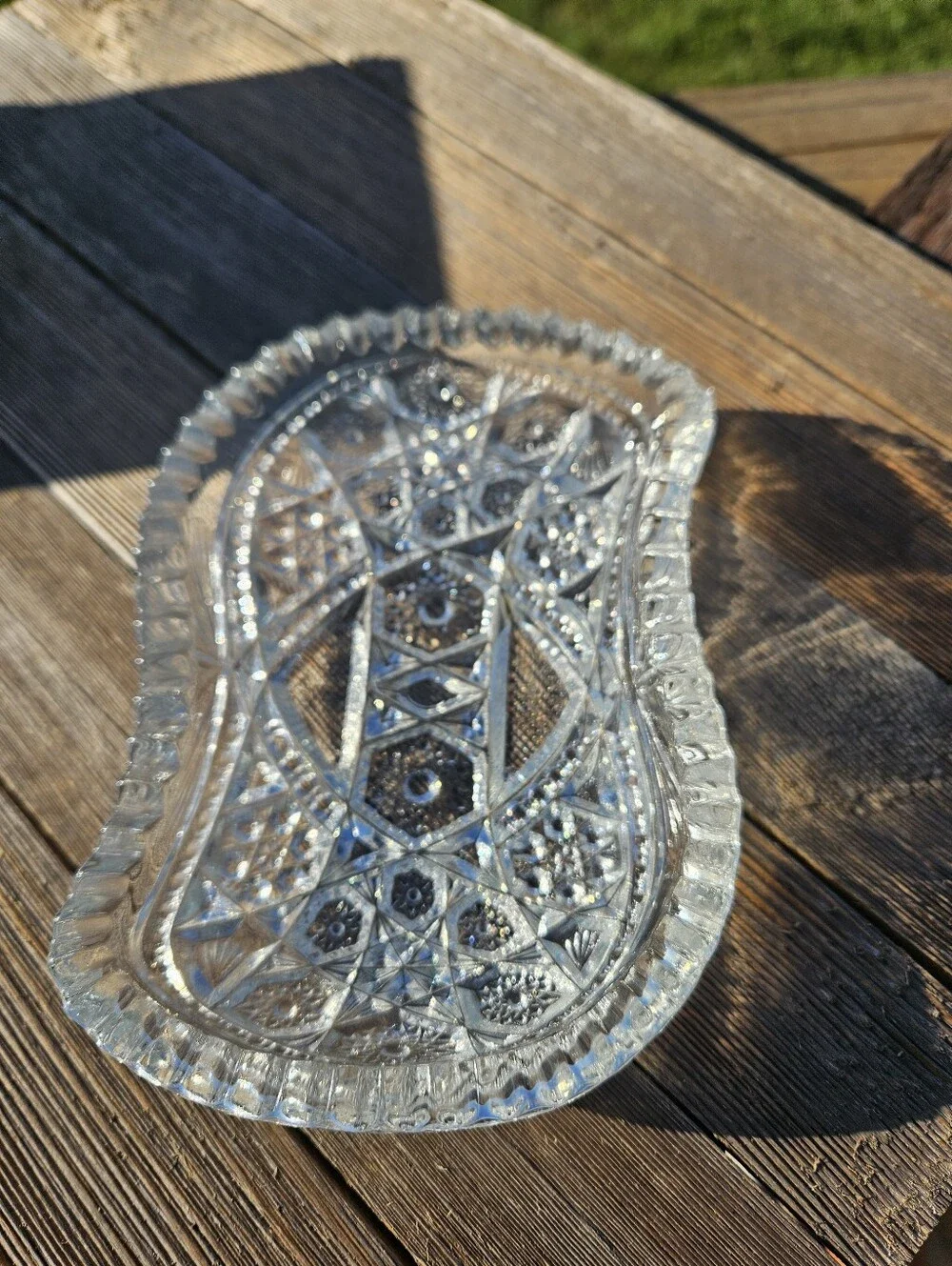Vintage Cut Glass Crystal Celery Dish Starburst Sawtooth Edge Relish Tray